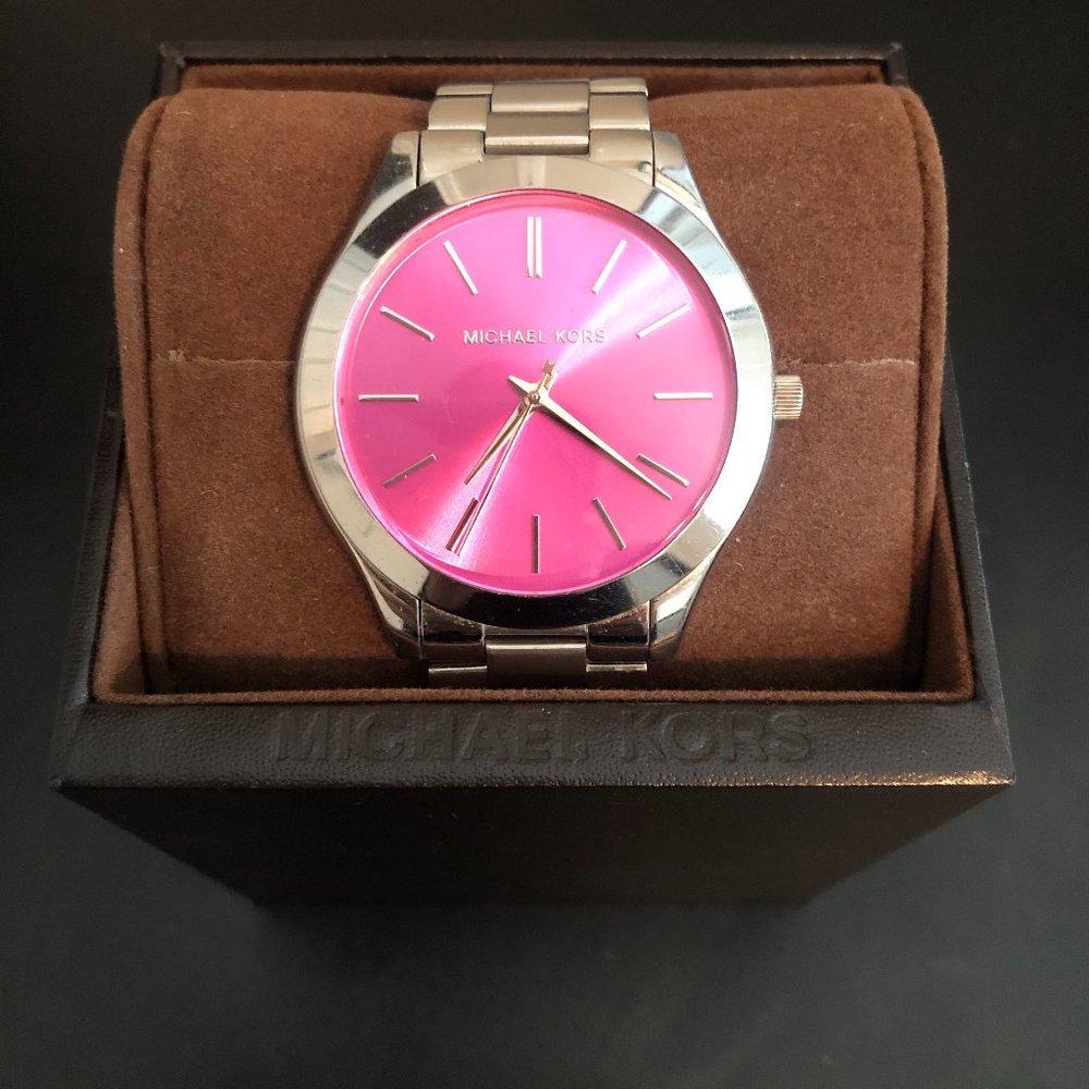 Michael Kors Silver Watch with Hot Pink Dial/Face (MK3264)